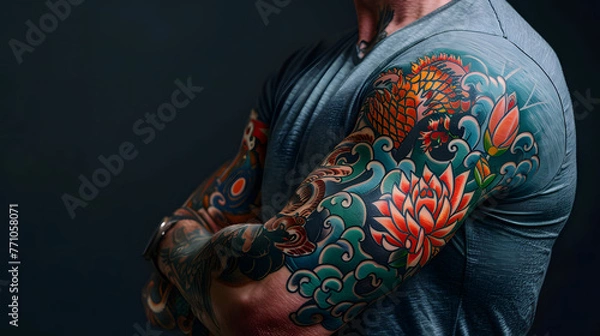 Fototapeta Detailed close-up of a man's colourful tattooed sleeves featuring vibrant traditional Japanese designs