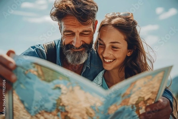 Fototapeta Smiling Father and Daughter Enjoying a Sunny Day Outdoors with a Map, Planning Vacation Adventure Together