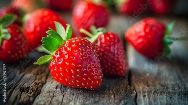 Fototapeta Close up of fresh Strawberries on a rustic wooden Table