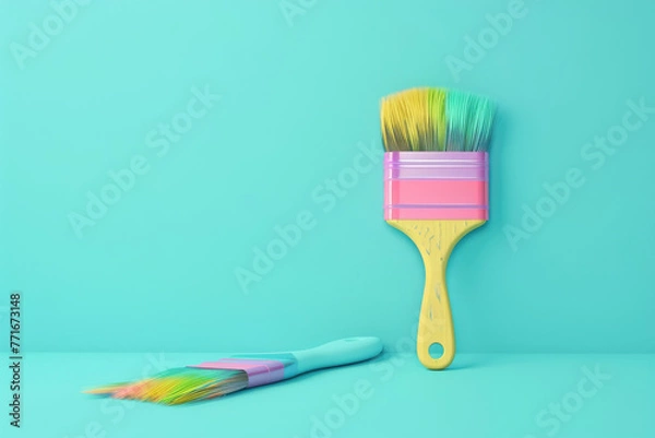 Fototapeta Two paintbrushes with rainbow colors on a blue background. The brush on the right is the main focus of the image