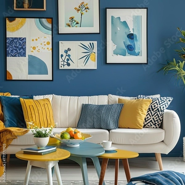 Fototapeta A cozy and stylish living room with modern decor in yellow and blue colors