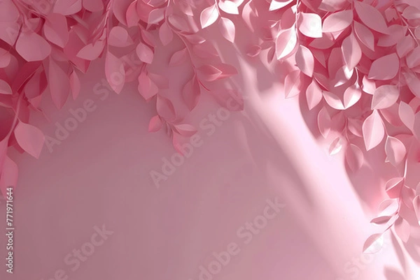 Fototapeta 3D studio background in pink color with pink branches and leaves for product presentation. Empty background with shadows of branches and leaves. 3d room with copy space