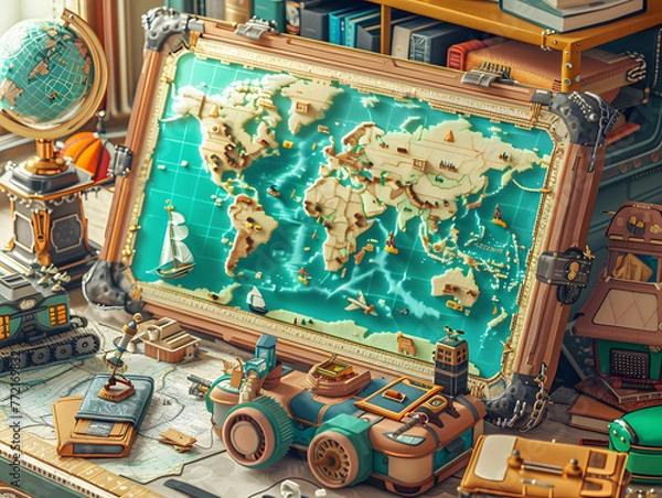 Fototapeta World map with toys Create adventures and trade.