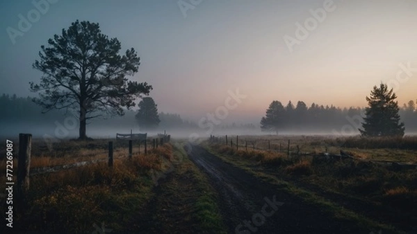 Fototapeta morning village path with fog