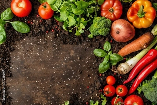 Obraz Fresh organic vegetables on soil background. Space for text