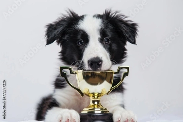 Fototapeta Portrait of border collie puppy with golden trophy on white background