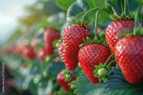 Fototapeta A bunch of red strawberries hanging from a plant