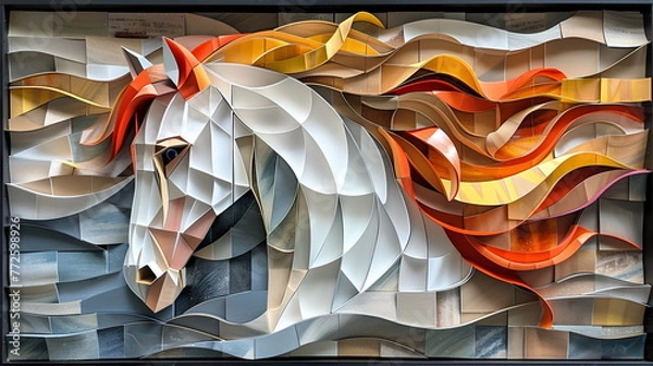 Fototapeta an Collage Painting artwork of a horse, a running  horse running in cut cardboard, Geometric Square Collage Painting artwork 