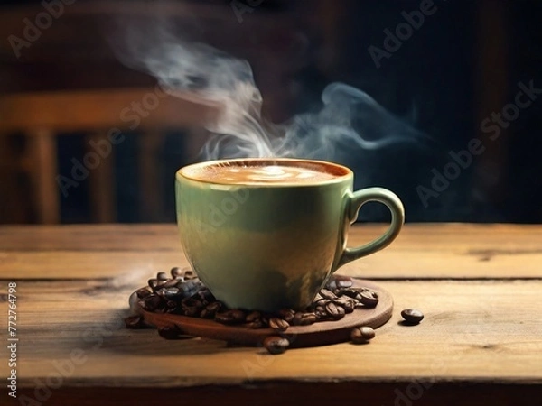 Fototapeta A steaming cup of delicious hot coffee sits on a rustic wooden table