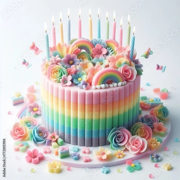 Fototapeta a  birthday cake made of pastel color rainbow gummy candy with flowers around on a white background