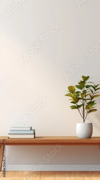 Fototapeta A white vase with a plant in it sits on a wooden table in front of a white wall