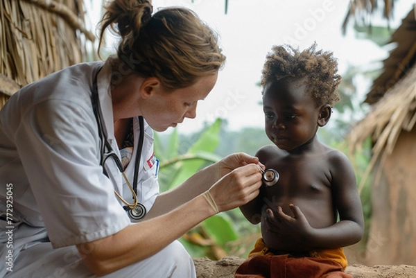 Fototapeta Caucasian doctor heals African children in African villages.