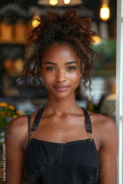 Fototapeta Smiling barista in Brazil, standing outdoors near café glass door, gazing at the camera