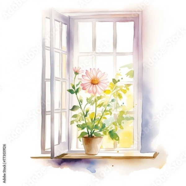 Fototapeta Cute plant in front of a window scene in watercolor illustration