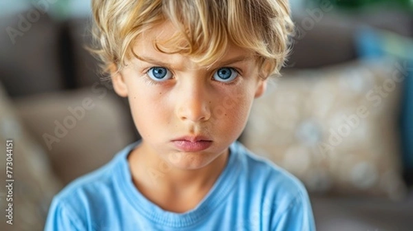 Fototapeta A young boy with blue eyes making eye contact with the camera