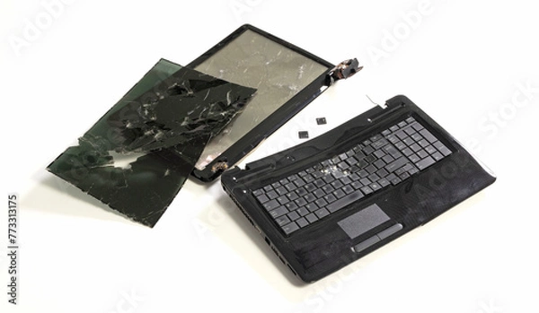 Fototapeta Old broken laptop isolated on white background