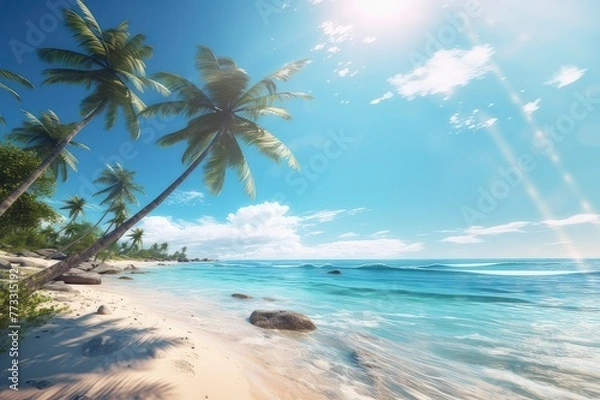 Fototapeta Tropical exotic sunny sand beach with palms and clear blue water.