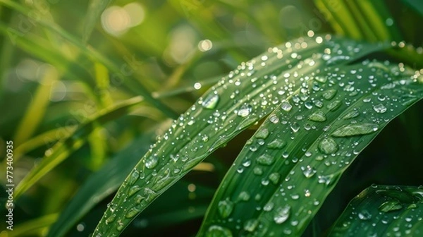 Obraz Fresh green plant leaf with dew drops, nature close-up