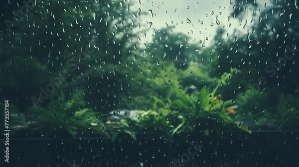 Fototapeta Captured Raindrops on a Rainy Window, Emboding Reflection and a Sense of Peace.