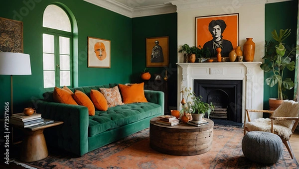 Fototapeta Stylish modern bohemian living room interior design with green and orange tones. 3d rendering. AI generated