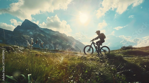 Fototapeta A person is riding a mountain bike