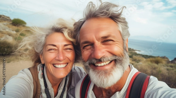 Fototapeta Couple of gray haired mature smiling people travel and taking selfie portrait on phone. Wonderful cheerful man and woman. Active retirees are enjoying life. A man with a gray beard and a woman, travel