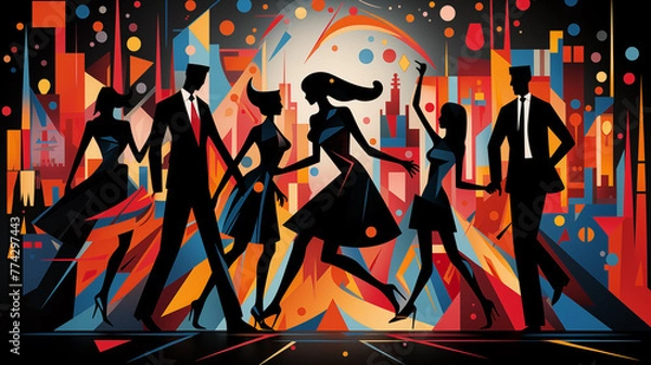 Fototapeta Silhouettes stylish rhythm against cityscape 2D cartoon illustration. Retro-futuristic hues flat image colorful scene horizontal. Vibrant bygone dance era wallpaper background art