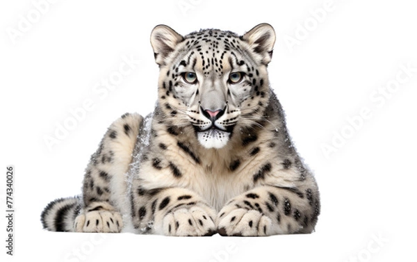 Fototapeta A beautiful black and white snow leopard with striking markings peacefully laying on the ground