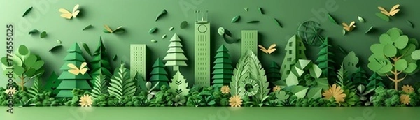 Fototapeta Construct an eco-friendly paper cut design for a sustainable living expo, showcasing green technologies, recycling, and nature