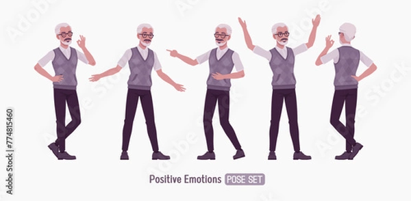 Fototapeta Retired old active senior man set positive emotions, happy pose, nice elderly person, handsome grey hair grandfather in classic outfit. Elegant white beard and dark moustaches. Vector illustration