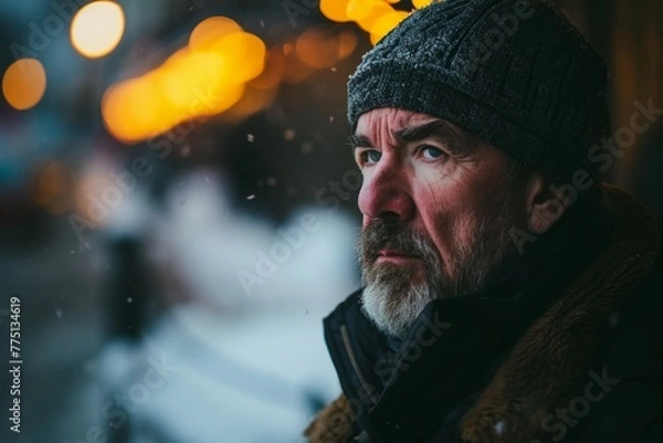 Obraz Portrait of an old man with a gray beard and mustache on the street in winter