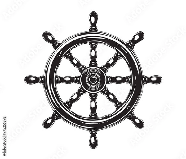 Fototapeta  Illustration of retro ship steering wheel, Hand drawn style