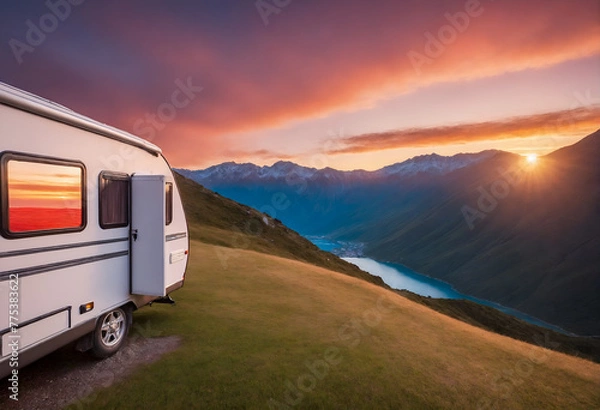 Fototapeta Caravan house trailer camping in mountain nature