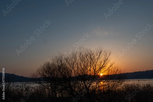 Fototapeta 琵琶湖の夕焼け　夕陽　サンセット　オレンジに染まる湖　滋賀県草津市