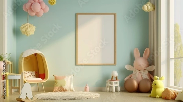 Fototapeta Stylish and cute child room decor with neutral-colored child's room, toys, dolls, and a blank frame on the blue pastel wall, Cozy blue playroom children