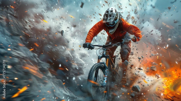 Obraz a mountain biker from another dimension driving through a cloud of flying sharp glass shards,generative ai