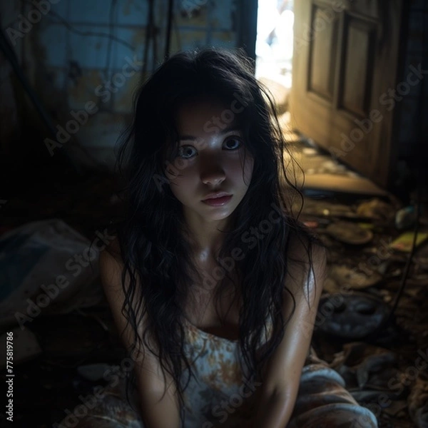 Fototapeta Close up portrait of Asian cute girl in an abandoned house looking at camera with sad unhappy face. 