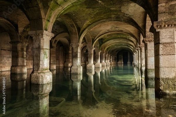 Fototapeta Monumentous Ancient cistern ruins. History palace water. Generate Ai