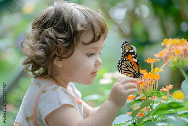 Fototapeta Curious child exploring nature while observing a butterfly on bright flowers in daylight