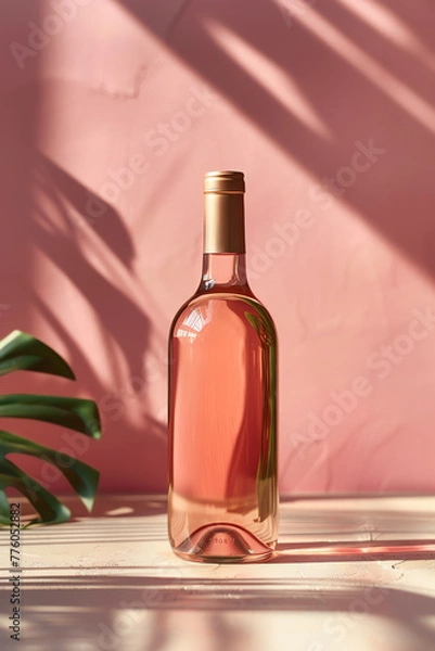 Fototapeta A glass bottle of wine is placed on a wooden table next to a green plant. The bottle label is facing outward, and the plants leaves are vibrant and healthy. Perfect for packaging mockups.