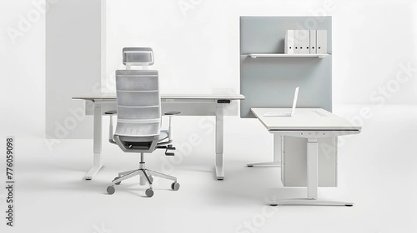 Fototapeta A minimalist workspace with a sleek desk and ergonomic chair.


