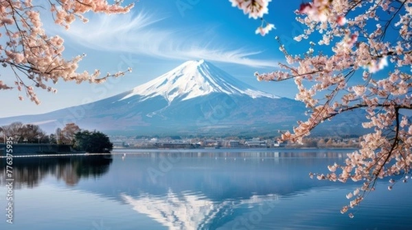 Fototapeta Beautiful mount of Fuji with lake and cherry blossom tree in sunny day landscape. AI generated