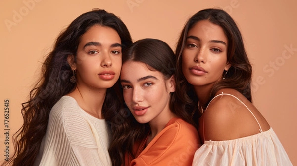 Fototapeta A striking composition showcasing three beautiful women, their individuality celebrated against a backdrop of soft peach, symbolizing warmth and camaraderie.