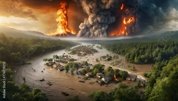 Fototapeta Climate change showing natural disasters, floods and forest fires. Global warming concept