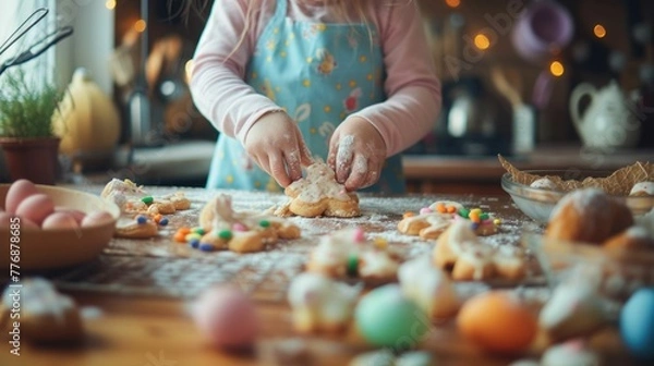 Fototapeta Two toddlers with bunny ears are sharing the joy of baking cookies in a kitchen, surrounded by food, tableware, and a view of the window AIG42E