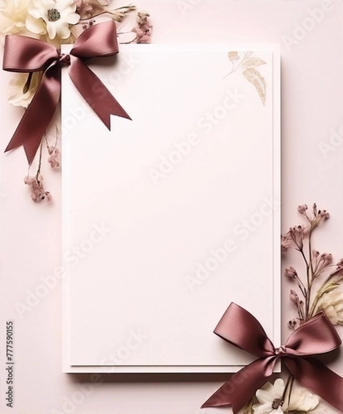 Fototapeta Pink and white flowers with brown ribbons on a pink background, drawing, art, interior, still life, soft, pastel