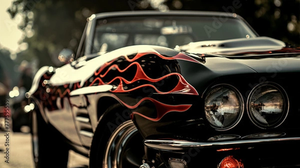 Fototapeta A vintage black car boasting a striking flame paint job on the hood captures the essence of classic automobile culture.