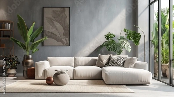 Fototapeta A contemporary living space with a bright and spacious room, featuring a comfortable sofa, lush plants, and elegant accessories against a gray wall