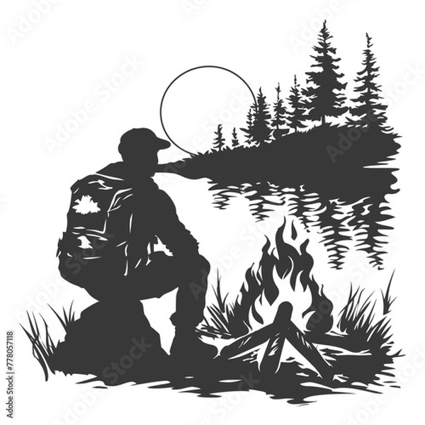 Fototapeta Silhouette camp activity with bonfire in nature black color only