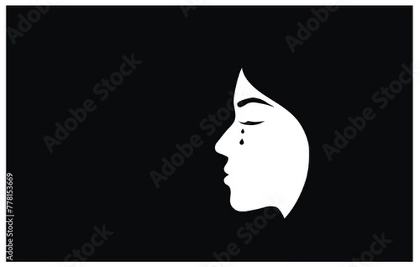 Fototapeta Silhouette of crying woman face on black background. Sadness and depression, broken heart feeling and stop violence against woman concept